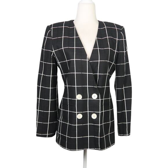 Vintage 90s Casual Corner black and white windowpane grid blazer jacket 6P - Picture 1 of 6